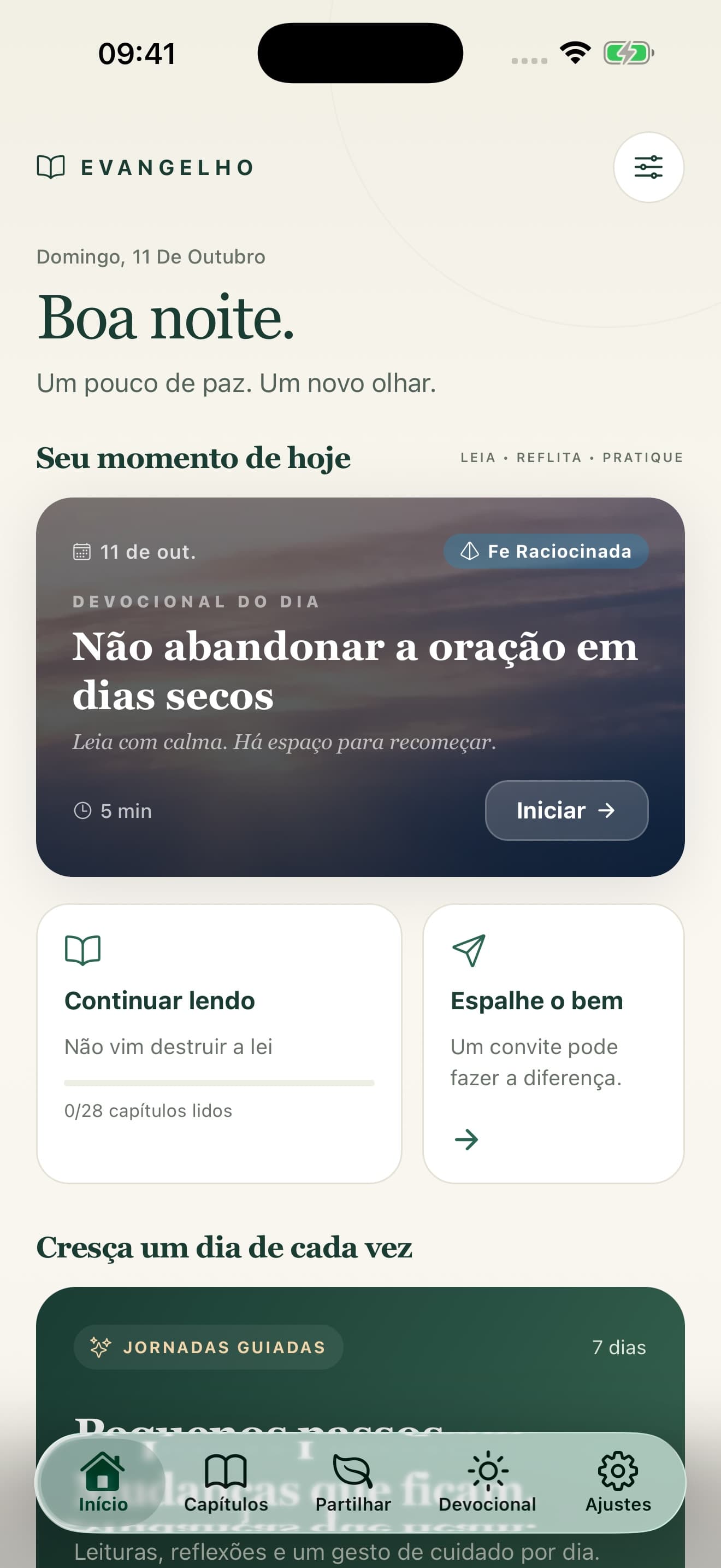 Prévia real da versão 5.0: tela inicial do Evangelho com devocional do dia, leitura e opção de compartilhar