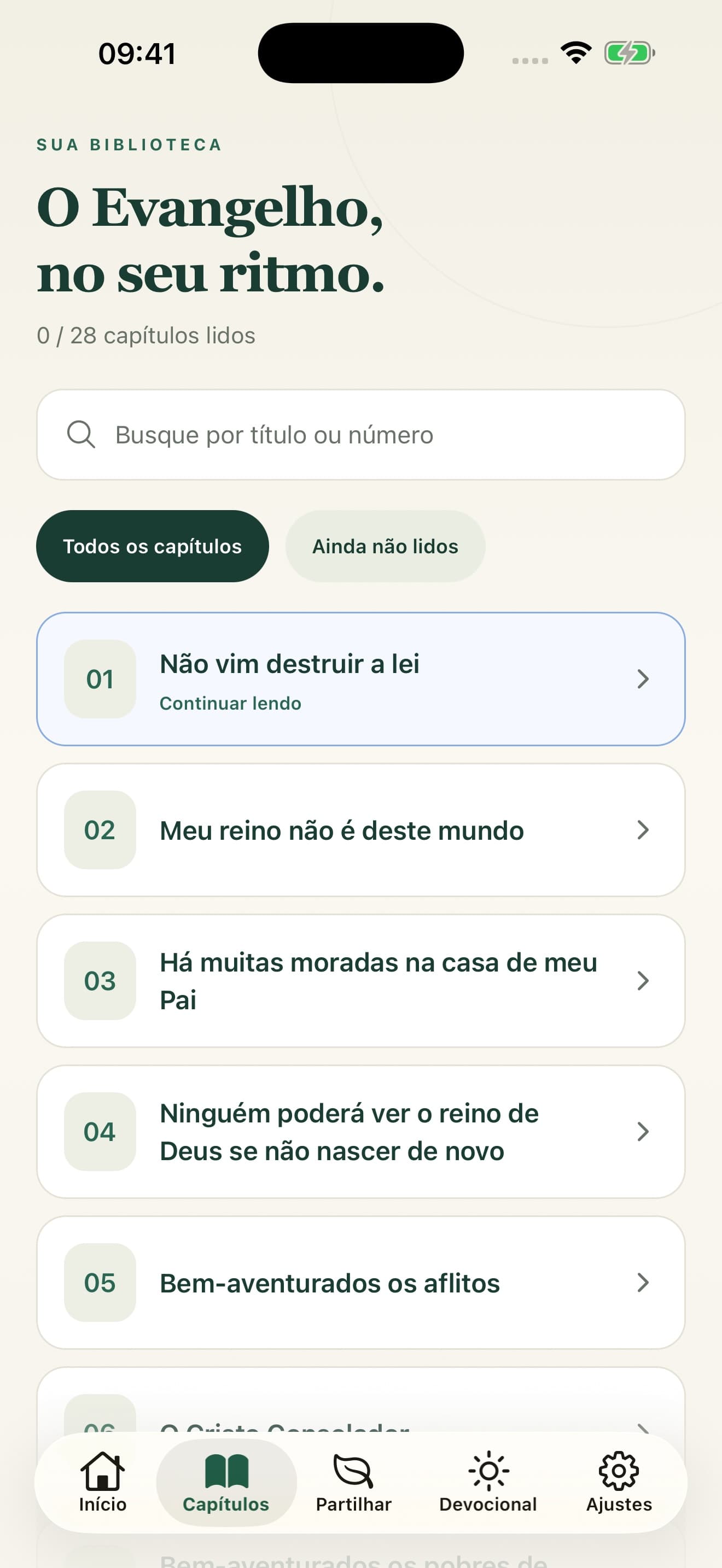 Prévia 5.0: lista dos capítulos do Evangelho Segundo o Espiritismo com busca e progresso de leitura