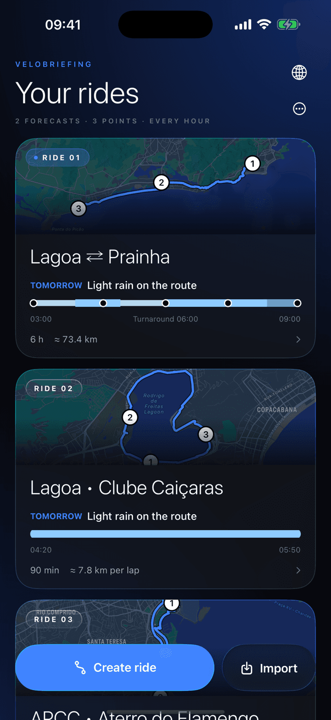 VeloBriefing screen: Routes