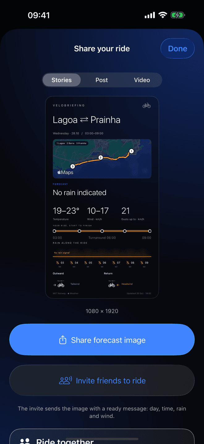 VeloBriefing screen: Share