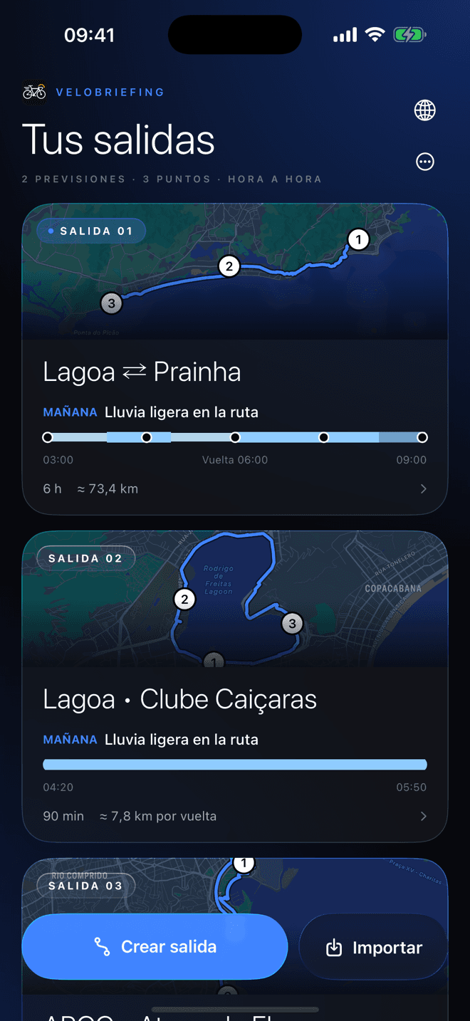 Pantalla de VeloBriefing: Rutas