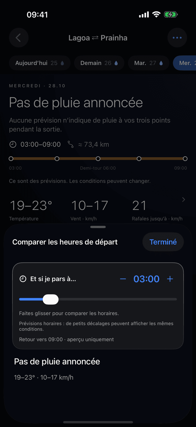 Écran de VeloBriefing: Planification