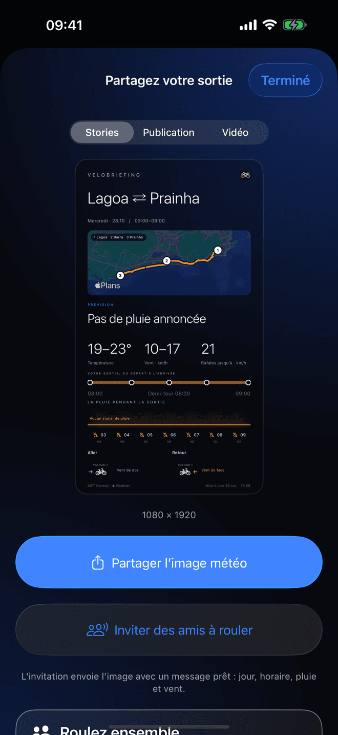 Écran de VeloBriefing: Partage